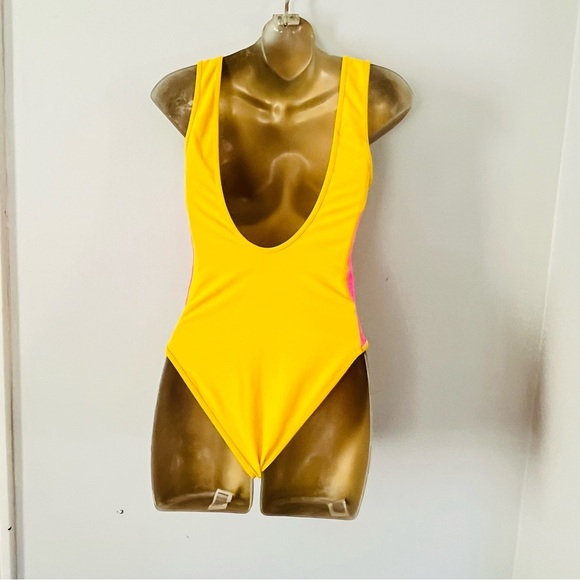 Lovers + Friends One Piece Swimsuit XS | Sporty Colorblock Zip Front Yellow Pink - Picture 5 of 6